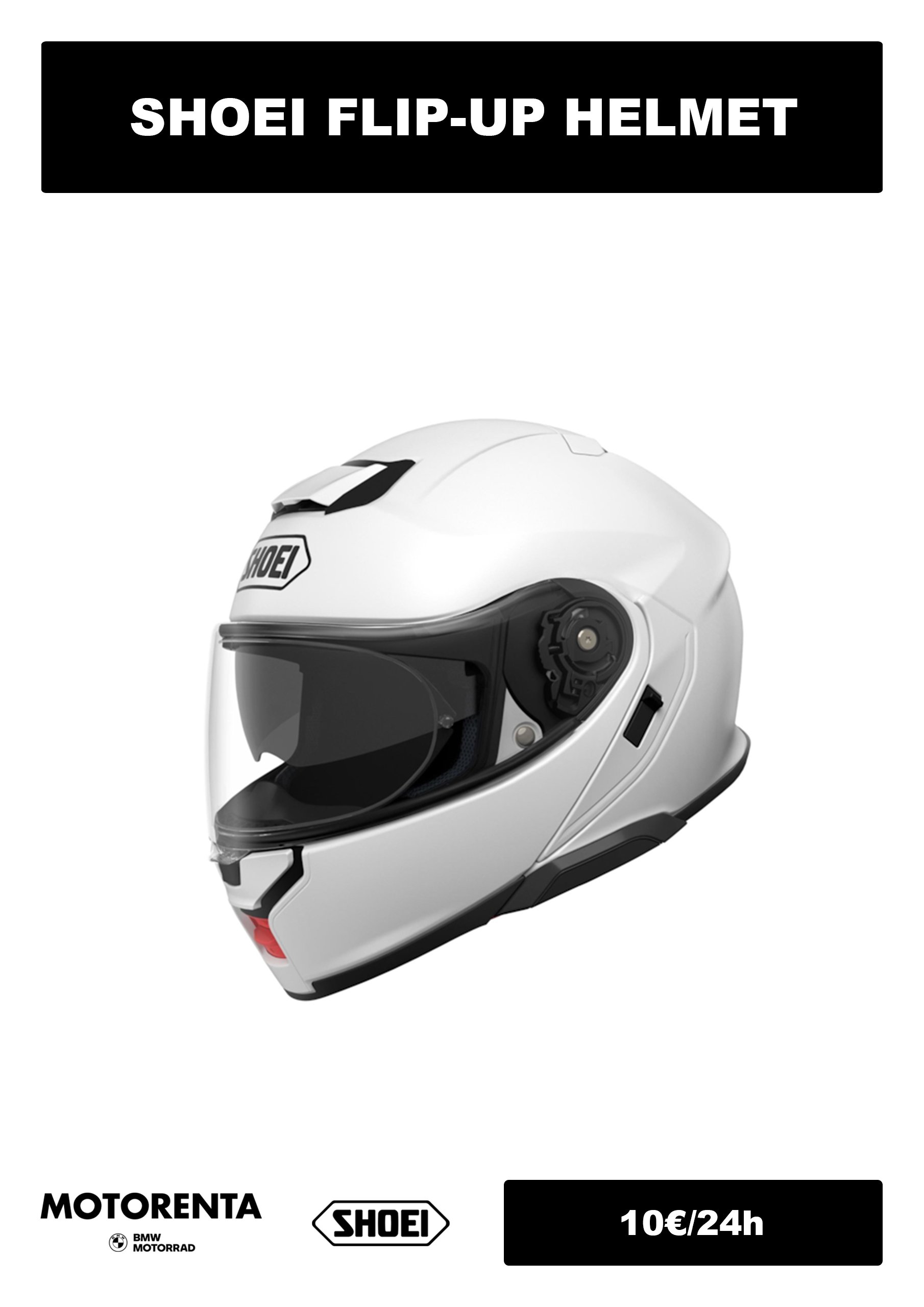 SHOEI NEOTEC 3 Flip-Up Helmets Stay safe with high-end SHOEI Flip-Up helmets, available for rent along with your BMW motorcycle.